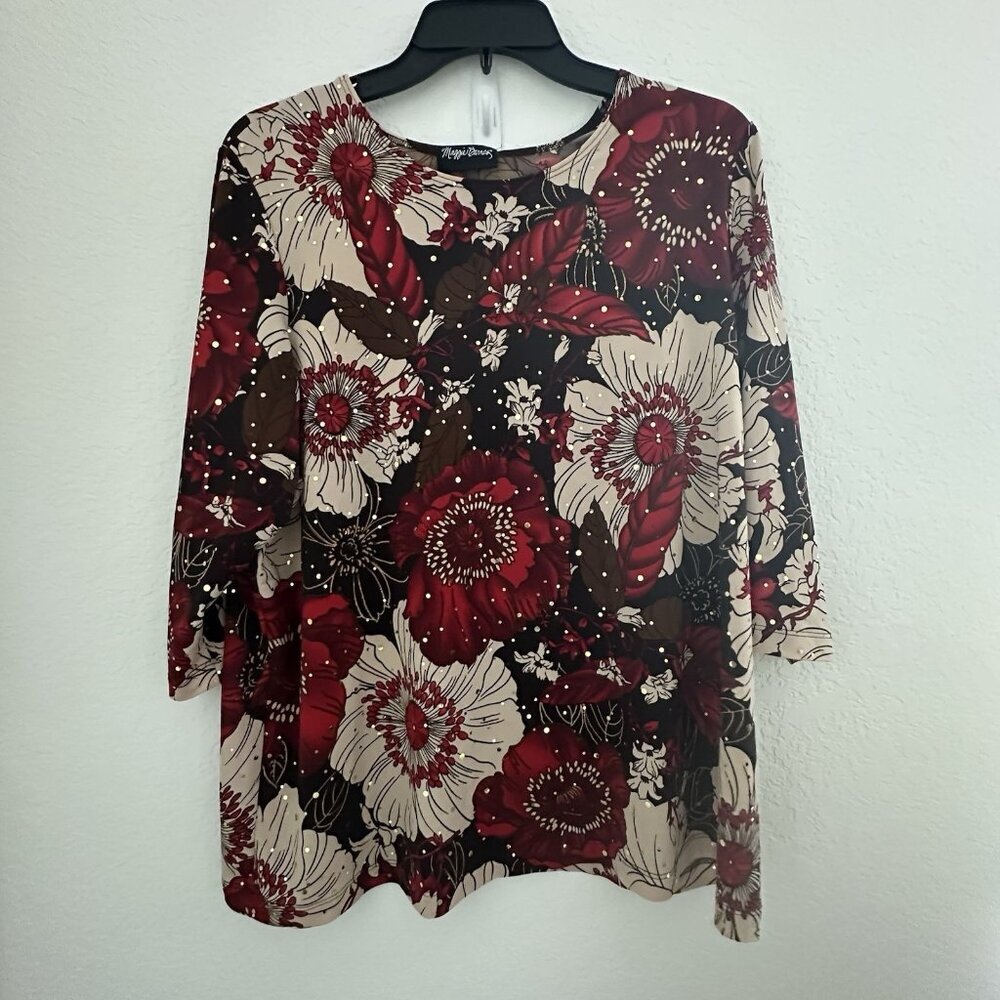Maggie Barnes Womens Top OX Dark Floral 3/4 Sleeve Metallic Whimsigoth Fairy
